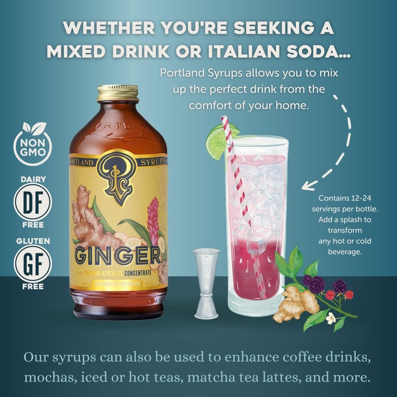Portland Syrups Authentic Ginger Syrup - Premium Beverage Concentrate for Cocktails, Mocktails, Sodas, and More - Organic Ginger and Cane Sugar - 12oz bottle, 12-24 servings (Pack of 1) - Image 2
